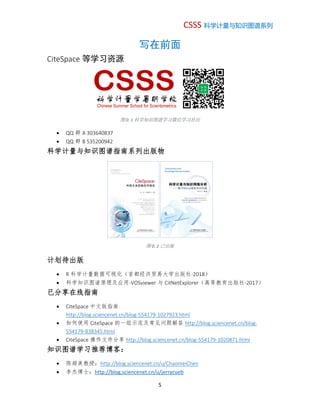 CSSS 科学计量与知识图谱系列
5
写在前面
CiteSpace 等学习资源
图 0. 1 科学知识图谱学习微信学习社区
 QQ 群 A 303640837
 QQ 群 B 535200942
科学计量与知识图谱指南系列出版物
图 0. 2 已出版
计划待出版
 R 科学计量数据可视化（首都经济贸易大学出版社-2018）
 科学知识图谱原理及应用-VOSviewer 与 CitNetExplorer（高等教育出版社-2017）
已分享在线指南
 CiteSpace 中文版指南
http://blog.sciencenet.cn/blog-554179-1027923.html
 如何使用 CiteSpace 的一组示范及常见问题解答 http://blog.sciencenet.cn/blog-
554179-838345.html
 CiteSpace 操作文件分享 http://blog.sciencenet.cn/blog-554179-1020871.html
知识图谱学习推荐博客：
 陈超美教授：http://blog.sciencenet.cn/u/ChaomeiChen
 李杰博士：http://blog.sciencenet.cn/u/jerrycueb
科学计量学暑期学校
Chinese Summer School for Scientometrics
 