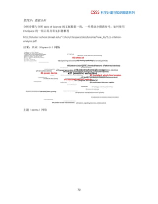 CSSS 科学计量与知识图谱系列
70
第四步：数据分析
分析步骤与分析 Web of Science 的文献数据一致，一些基础步骤请参考：如何使用
CiteSpace 的一组示范及常见问题解答
http://cluster.ischool.drexel.edu/~cchen/citespace/doc/tutorial/how_to/2.co-citation-
analysis.pdf
结果：共词（Keywords）网络
主题（terms）网络
 