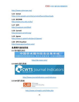 CSSS 科学计量与知识图谱系列
95
http://www.cytoscape.org/
1.15 Ucinet
https://sites.google.com/site/ucinetsoftware/downloads
1.16 BICOMB
http://www.cmu.edu.cn/bc/
1.17 SATI
http://liuqiyuan.com/#sati
1.18 Carrot2
http://project.carrot2.org/
1.19 Jigsaw
http://www.cc.gatech.edu/gvu/ii/jigsaw/
1.20 GPS Visualizer
http://www.gpsvisualizer.com/
免费期刊查询系统
2.1 学术期刊评价
http://qk.nseac.com/
2.2 CWTS 期刊系统
http://www.journalindicators.com/indicators
2.3 SJR 期刊系统
http://www.scimagojr.com/index.php
 