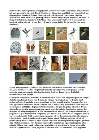 foarte ciudată pentru gîndirea pricepuților în ,,historii” străvechi, scrijelată cu linii pe ambele
fețe care ar arăta în fapt niște figuri. Obiectul are dimensiuni mici fiind ușor încadrat într-un
dreptunghi cu laturile de 3/4 cm. Datarea stratigrafică și prin C14 a arătat o vîrstă de
aproximativ 26000 de ani î.e.n. pentru pămîntul analizat unde s-a găsit buclucașa amuletă. Ca
și cea de la Brînzeni, și amuleta de la Mitoc este o ,,ciudățenie” netrecută în manualele de
istorie să nu iște întrebări și apoi dureri de cap în lumea făcătorilor de istorii și istorioare
românești.
Pentru a înțelege cum ar trebui să vină vremurile pe urdinișul cunoașterii adevărate și nu
cea ,,cacademică”, voi folosi fotografii ale amuletei cu ambele fețe și alte poze ca să le fie
pozna de mare supărare, iar adevărul de uimire și mirare dus pe cărare de gîndul
neascultător al unui îndîrjit.
Să începem cu începutul, adică fața A a amuletei de la Mitoc, care este prima poză din stînga a
rîndului unu, fiindcă despre fața B, poza din stînga a rîndului doi, nu voi discuta, liniile
nefiind suficient de explicite pentru o concluzie privind semnificația lor. Pe această față A se
vede o pasăre cu capul către dreapta, iar sub cioc se observă mai multe semne ce ar aduce cu
unele litere de pe tăblițele de plumb ale strămoșilor noștri geți. În spatele păsării, în dreptul
picioarelor se văd alte semne despre care nu pot spune încă nimic. Am decupat pasărea din
imaginea inițială și ea reprezintă în fapt un cocostîrc sau o barză care se așează în cuib sau se
pregătește să-și ia zborul din el. Imaginea 3 spre dreapta este a unui stîc iar fotografia 4 este a
unei berze. Imaginile 5 și 6 către dreapta reprezintă stîrcul din mitologia egiptenilor așa cum
a fost el pictat cu mii de ani în urmă pe pereții unor temple fiind totemul unor divinități
printre care și Pitah. Ulterior el a fost înlocuit cu un ibis. Iar în capătul din dreapta a primului
rînd este fotografia unui stîrc din zilele noastre. Dar în mitologia Egiptului timpuriu, adică
mileniul lll î.e.n. apare pasărea Benu care era inițial zeul morții, dar în timp a ajuns să fie
adorată ca pasăre sfântă, Ardea purpurea, o specie de stîrc. În astronomia veche egipteană
 