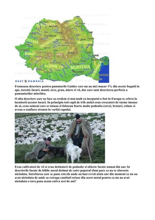 Frumoasa descriere pentru pamnturile Guidee care nu au nici macar 1% din aceste bogatii in
ape, torenti, lacuri, munti, orez, grau, miere si vii, dar care sant descrierea perfecta a
pamanturilor mioritice.
O alta descriere care ne face sa credem si mai mult ca inceputul a fost in Europa se refera la
locuitorii acestor locuri. In principiu toti capii de trib antici erau crescatori de turme imense
de oi, erau oameni care se tatuau si foloseau foarte multe podoabe:cercei, bratari, colane si
aveau o coafiura stransa in varful capului.
Erau cultivatori de vii si erau detinatori de podoabe si obiecte facute numai din aur. In
descrierile facute de biblie aurul detinut de catre poporul sfant pare ca nu se sfarseste
niciodata. Intrebarea care se pune este:de unde au luat evreii atata aur din moment ce nu au
avut niciodata de unde sa extraga cantitati uriase din acest metal pentru ca nu au avut
niciodata o tara pana acum cativa zeci de ani?
 