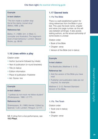 Cite them right: the essential referencing guide


Example                                            1.17 Sacred texts
In-text citation:                                  1.17a The Bible
“The lion made a sudden stop                       There is a well-established system for
He let the dainty morsel drop”                     citing references from the Bible in your
(Belloc,1989, p.89).                               text. This uses the book name, chapter
                                                   and verse (not page number, as this will
Reference list:
                                                   vary between printings). It also avoids
Belloc, H. (1989) 'Jim', in West, C.               stating authors, as the actual authorship of
(compiler and illustrator) The beginner's          some books is unclear.
book of bad behaviour. London: Beaver
                                                   Citation order:
Books, pp. 88-92.
                                                   • Book of the Bible
                                                   • Chapter: verse
                                                   • Version of the Bible (not in italics)
1.16 Lines within a play
Citation order:                                    Example
• Author (surname followed by initials)
                                                   In-text citation:
• Year of publication (in round brackets)
                                                   The Beatitudes (Matthew 5: 3-12) …
• Title (in italics)




                                                                                                  Harvard referencing style
• Edition information                              Reference list:

• Place of publication: Publisher                  • Add the version of the Bible you have
                                                     read
• Act. Scene: line
                                                   • Publisher and publication date are not
                                                     required, for example:

Example                                            Matthew 5: 3-12, Revised Standard
                                                   Version of the Bible.
In-text citation:

 “I prithee do not mock me fellow student”
(Shakespeare, 1980, I.2:177).

Reference list:                                    1.17b. The Torah

Shakespeare, W. (1980) Hamlet. Edited by           Citation order:
Spencer, T.J.B. London: Penguin. I.2:177.
                                                   • Torah (not in italics)
                                                   • Book
NB. If citing from a live performance, see         • Chapter: verse
19.3 Plays.




                                                                                                           29
 