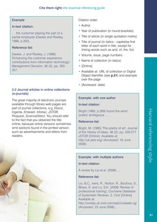 Cite them right: the essential referencing guide


Example                                         Citation order:

In-text citation:                               • Author
                                                • Year of publication (in round brackets)
… the customer playing the part of a
partial employee (Dawes and Rowley,             • Title of article (in single quotation marks)
1998, p.352).                                   • Title of journal (in italics - capitalise first
                                                  letter of each word in title, except for
Reference list:
                                                  linking words such as and, of, the, for)
Dawes, J. and Rowley, J. (1998)                 • Volume, issue, page numbers
'Enhancing the customer experience:
contributions from information technology',     • Name of collection (in italics)
Management Decision, 36 (5), pp. 350-           • [Online]
357.                                            • Available at: URL of collection or Digital
                                                  Object Identifier (see p.21) and example
                                                  over the page
                                                • (Accessed: date)
2.2 Journal articles in online collections
(e-journals)
                                                Example: with one author
The great majority of electronic journals
available through library web pages are         In-text citation:
part of journal collections, e.g. Ebsco,




                                                                                                    Harvard referencing style
Ingenta, Emerald, Infotrac, JSTOR,              Bright (1985, p.269) found the word
Proquest, ScienceDirect. You should refer       'poetry' ambiguous …
to the fact that you obtained the title
                                                Reference list:
online, because online versions sometimes
omit sections found in the printed version,     Bright, M. (1985) 'The poetry of art', Journal
such as advertisements and letters from         of the History of Ideas, 46 (2), pp. 259-277
readers.                                        JSTOR [Online]. Available at:
                                                http://uk.jstor.org/ (Accessed: 16 June
                                                2008).



                                                Example: with multiple authors

                                                In-text citation:

                                                A review by Liu et al. (2008) …

                                                Reference list:

                                                Liu, B.C., Ivers, R., Norton, R., Boufous, S.,
                                                Blows, S. and Lo, S.K. (2008) 'Review of
                                                professional training', Cochrane Database
                                                of Systematic Reviews, 2, Ovid [Online].
                                                Available at:
                                                http://ovidsp.uk.ovid.com/spb/ovidweb.cgi
                                                (Accessed: 23 June 2008)..

                                                                                                             31
 