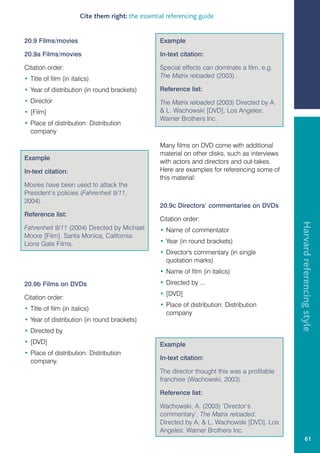 Cite them right: the essential referencing guide


20.9 Films/movies                                   Example

20.9a Films/movies                                  In-text citation:

Citation order:                                     Special effects can dominate a film, e.g.
• Title of film (in italics)                        The Matrix reloaded (2003).

• Year of distribution (in round brackets)          Reference list:
• Director                                          The Matrix reloaded (2003) Directed by A.
• [Film]                                             L. Wachowski [DVD]. Los Angeles:
                                                    Warner Brothers Inc.
• Place of distribution: Distribution
  company

                                                    Many films on DVD come with additional
                                                    material on other disks, such as interviews
Example
                                                    with actors and directors and out-takes.
In-text citation:                                   Here are examples for referencing some of
                                                    this material:
Movies have been used to attack the
President’s policies (Fahrenheit 9/11,
2004).
                                                    20.9c Directors’ commentaries on DVDs
Reference list:
                                                    Citation order:




                                                                                                  Harvard referencing style
Fahrenheit 9/11 (2004) Directed by Michael          • Name of commentator
Moore [Film]. Santa Monica, California:
Lions Gate Films.                                   • Year (in round brackets)
                                                    • Director's commentary (in single
                                                      quotation marks)
                                                    • Name of film (in italics)
20.9b Films on DVDs                                 • Directed by ...
                                                    • [DVD]
Citation order:
                                                    • Place of distribution: Distribution
• Title of film (in italics)
                                                      company
• Year of distribution (in round brackets)
• Directed by
• [DVD]                                             Example
• Place of distribution: Distribution
  company.                                          In-text citation:

                                                    The director thought this was a profitable
                                                    franchise (Wachowski, 2003).

                                                    Reference list:

                                                    Wachowski, A. (2003) ‘Director’s
                                                    commentary’, The Matrix reloaded.
                                                    Directed by A.  L. Wachowski [DVD]. Los
                                                    Angeles: Warner Brothers Inc.
                                                                                                           61
 