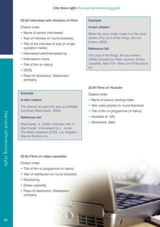 Cite them right: the essential referencing guide


                            20.9d Interviews with directors of films                Example

                            Citation order:                                         In-text citation:
                            • Name of person interviewed                            When the story finally made it to the silver
                            • Year of interview (in round brackets)                 screen (The Lord of the Rings: the two
                                                                                    towers, 2003) …
                            • Title of the interview (if any) (in single
                              quotation marks)                                      Reference list:
                            • Interviewed with/Interviewed by
                                                                                    The Lord of the Rings: the two towers
                            • Interviewer's name                                    (2003) Directed by Peter Jackson [Video
                            • Title of film (in italics)                            cassette]. New York: New Line Productions
                                                                                    Inc.
                            • [DVD]
                            • Place of distribution: Distribution
                              company

                                                                                    20.9f Films on Youtube
                            Example                                                 Citation order:
                            In-text citation:                                       • Name of person posting video

                            The director thought this was a profitable              • Year video posted (in round brackets)
                            franchise (Wachowski, 2003).                            • Title of film or programme (in italics)
Harvard referencing style




                            Reference list:                                         • Available at: URL
                                                                                    • (Accessed: date)
                            Wachowski, A. (2003) ‘Interview with A.
                            Wachowski’. Interviewed by L. Jones.
                            The Matrix reloaded [DVD]. Los Angeles:
                            Warner Brothers Inc.




                            20.9e Films on video cassettes

                            Citation order:
                            • Title of film or programme (in italics)
                            • Year of distribution (in round brackets)
                            • Directed by
                            • [Video cassette]
                            • Place of distribution: Distribution
                              company




   62
 