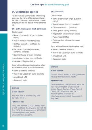 Cite them right: the essential referencing guide


                            24. Genealogical sources                           24.2 Censuses

                            For the Harvard (author-date) referencing          Citation order:
                            style, use the name of the person(s) and           • Name of person (in single quotation
                            the date of the event as the in-text citation        marks)
                            and provide the full details in the reference
                            list.                                              • Year of census (in round brackets)
                                                                               • Census return for… (in italics)
                            24.1 Birth, marriage or death certificates
                                                                               • Street, place, county (in italics)
                            Citation order:
                                                                               • Registration sub-district (in italics)
                            • Name of person (in single quotation
                              marks)                                           • Public Record Office

                            • Year of event (in round brackets)                • Piece number, folio number, page
                                                                                 number
                            • Certified copy of … certificate for
                              (in italics)                                     If you retrieved the certificate online, add
                            • Full name of person (forenames,                  • Name of website (in italics)
                              surname) (in italics)
                                                                               • Year of last update (in round brackets)
                            • Day/month/year of event (in italics)
                                                                               • Available at: URL
                            • Application number from certificate
                                                                               • (Accessed: date)
                            • Location of Register Office
Harvard referencing style




                            If you retrieved the certificate online, after
                            application number from certificate add:           Example

                            • Name of website (in italics)                     In-text citation:
                            • Year of last update (in round brackets)          Thomas Wilson moved to Willington in the
                            • Available at: URL                                1850s (‘Thomas Wilson’, 1861).
                            • (Accessed: date)                                 Reference list:

                                                                               ‘Thomas Wilson’ (1861) Census return for
                                                                               New Row, Willington, St Oswald sub-
                            Example
                                                                               district, County Durham. Public Record
                            In-text citation:                                  Office: PRO RG9/3739, folio 74, p.11.
                                                                               Ancestry (2008). Available at:
                            Amy was born in Bristol (‘Amy Jane                 http://www.ancestry.co.uk (Accessed: 3
                            Bennett’, 1874) …                                  July 2008).
                            Reference list:

                            ‘Amy Jane Bennett’ (1874) Certified copy
                            of birth certificate for Amy Jane Bennett, 10
                            April 1874. Application number 4001788/C.
                            Bristol Register Office, Bristol,
                            Gloucestershire, England.




   70
 