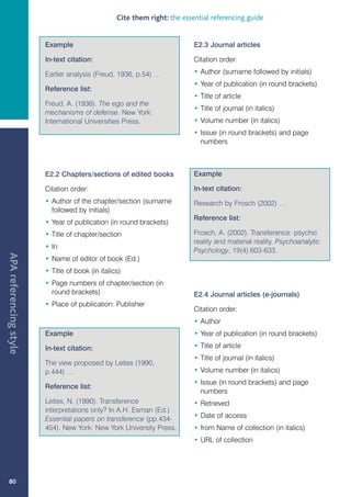 Cite them right: the essential referencing guide


                        Example                                            E2.3 Journal articles

                        In-text citation:                                  Citation order:

                        Earlier analysis (Freud, 1936, p.54) …             • Author (surname followed by initials)
                                                                           • Year of publication (in round brackets)
                        Reference list:
                                                                           • Title of article
                        Freud, A. (1936). The ego and the
                                                                           • Title of journal (in italics)
                        mechanisms of defense. New York:
                        International Universities Press.                  • Volume number (in italics)
                                                                           • Issue (in round brackets) and page
                                                                             numbers



                        E2.2 Chapters/sections of edited books             Example

                        Citation order:                                    In-text citation:
                        • Author of the chapter/section (surname           Research by Frosch (2002) …
                          followed by initials)
                                                                           Reference list:
                        • Year of publication (in round brackets)
                        • Title of chapter/section                         Frosch, A. (2002). Transference: psychic
                                                                           reality and material reality. Psychoanalytic
                        • In
                                                                           Psychology, 19(4):603-633.
APA referencing style




                        • Name of editor of book (Ed.)
                        • Title of book (in italics)
                        • Page numbers of chapter/section (in
                          round brackets)                                  E2.4 Journal articles (e-journals)
                        • Place of publication: Publisher
                                                                           Citation order:
                                                                           • Author
                        Example                                            • Year of publication (in round brackets)

                        In-text citation:                                  • Title of article
                                                                           • Title of journal (in italics)
                        The view proposed by Leites (1990,
                        p.444) …                                           • Volume number (in italics)
                                                                           • Issue (in round brackets) and page
                        Reference list:
                                                                             numbers
                        Leites, N. (1990). Transference                    • Retrieved
                        interpretations only? In A.H. Esman (Ed.)
                        Essential papers on transference (pp.434-          • Date of access
                        454). New York: New York University Press.         • from Name of collection (in italics)
                                                                           • URL of collection




   80
 