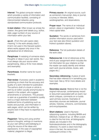 Cite them right: the essential referencing guide


Internet: The global computer network              Primary source: An original source, such
which provides a variety of information and        as someone's manuscript, diary or journal,
communication facilities, consisting of            a survey or interview, letters,
interconnected networks using                      autobiographies, and observations.
standardised communication protocols.
                                                   Proper noun: The name of an individual
In-text citation: Often known as simply the        person, place or organisation, having an
citation, this gives brief details (e.g. author,   initial capital letter.
date, page number) of your source of
information within your text.                      Quotation: The words or sentences from
                                                   another information source used within
op.cit.: (From the Latin opere citato              your text (see also Direct quotation and
meaning “in the work already cited”).              Indirect quotation above).
A term not used in the Harvard system,
where works appear only once in the
alphabetical list of references.                   Reference: The full publication details of
                                                   the work cited.
Paraphrase: A restating of someone else's
thoughts or ideas in your own words. You           Reference list: A list of references at the
must always cite your source when                  end of your assignment which includes the
paraphrasing. (See p.16 for more details           full information for your citations so that
and examples)                                      the reader can easily identify and retrieve
                                                   each work (journal articles, books, web
                                                   pages etc.).
Parentheses: Another name for round
brackets.
                                                   Secondary referencing: A piece of work
                                                   that has been referred to in something you
Peer-review: A process used in academic




                                                                                                    Glossary
                                                   have read. See p.18 for more details and
publishing to check that the accuracy and
                                                   examples.
quality of a work intended for publication.
The author's draft of a book or article is
sent by an editor (usually anonymously) to         Secondary source: Material that is not the
experts in the subject, who suggest                original manuscript, contemporary record
amendments or corrections. This process            or document associated with an event, but
is seen as a guarantee of academic quality         which critiques, comments on or builds
and is a major distinction between                 upon primary sources. Examples of
traditional forms of publishing such as            secondary sources are textbooks, journal
books and journals, and information in             articles, histories, criticisms, commentaries
web pages, which can be written by                 and encyclopaedias.
anyone even if they have no expertise in a
subject.                                           Short citations: Used in Numeric
                                                   referencing systems, including MHRA and
                                                   OSCOLA, instead of op. cit. When a work
Plagiarism: Taking and using another               is cited for the first time, all bibliographic
person's thoughts, writings or inventions          details are included in the
as your own without acknowledging or               footnotes/endnotes and in the bibliography
citing the source of the ideas and                 reference. If a work is cited more than
expressions. In the case of copyrighted            once in the text, the second and
material, plagiarism is illegal.                   subsequent entries in the
                                                                                                       93
 