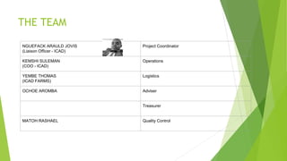 THE TEAM
NGUEFACK ARAULD JOVIS
(Liaison Officer - ICAD)
Project Coordinator
KEMSHI SULEMAN
(COO - ICAD)
Operations
YEMBE THOMAS
(ICAD FARMS)
Logistics
OCHOE AROMBA Adviser
Treasurer
MATOH RASHAEL Quality Control
 