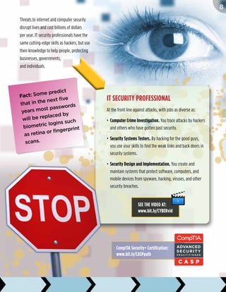 Threats to internet and computer security
disrupt lives and cost billions of dollars
per year. IT security professionals have the
same cutting-edge skills as hackers, but use
their knowledge to help people, protecting
businesses, governments,
and individuals.
Fact: Some predict
that in the next five
years most passwords
will be replaced by
biometric logins such
as retina or fingerprint
scans.
IT Security Professional
At the front line against attacks, with jobs as diverse as:
•	Computer Crime Investigation. You trace attacks by hackers
and others who have gotten past security.
•	Security Systems Testers. By hacking for the good guys,
you use your skills to find the weak links and back doors in
security systems.
•	Security Design and Implementation. You create and
maintain systems that protect software, computers, and
mobile devices from spyware, hacking, viruses, and other
security breaches.
See the video at:
www.bit.ly/CYBERvid
CompTIA Security+ Certification:
www.bit.ly/CASPpath
8
 