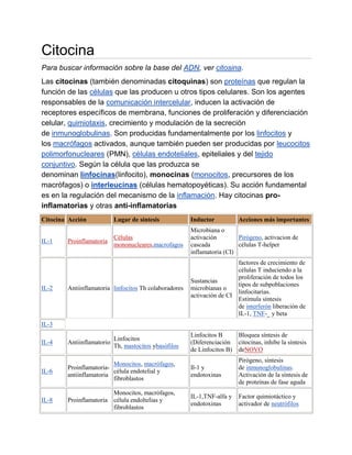 Citocina
Para buscar información sobre la base del ADN, ver citosina.
Las citocinas (también denominadas citoquinas) son proteínas que regulan la
función de las células que las producen u otros tipos celulares. Son los agentes
responsables de la comunicación intercelular, inducen la activación de
receptores específicos de membrana, funciones de proliferación y diferenciación
celular, quimiotaxis, crecimiento y modulación de la secreción
de inmunoglobulinas. Son producidas fundamentalmente por los linfocitos y
los macrófagos activados, aunque también pueden ser producidas por leucocitos
polimorfonucleares (PMN), células endoteliales, epiteliales y del tejido
conjuntivo. Según la célula que las produzca se
denominan linfocinas(linfocito), monocinas (monocitos, precursores de los
macrófagos) o interleucinas (células hematopoyéticas). Su acción fundamental
es en la regulación del mecanismo de la inflamación. Hay citocinas pro-
inflamatorias y otras anti-inflamatorias
Citocina Acción            Lugar de síntesis           Inductor           Acciones más importantes
                                                       Microbiana o
                        Células                        activación        Pirógeno, activacion de
IL-1    Proinflamatoria
                        mononucleares,macrofagos       cascada           células T-helper
                                                       inflamatoria (CI)
                                                                          factores de crecimiento de
                                                                          células T induciendo a la
                                                                          proliferación de todos los
                                                       Sustancias
                                                                          tipos de subpoblaciones
IL-2    Antiinflamatoria linfocitos Th colaboradores   microbianas o
                                                                          linfocitarias.
                                                       activación de CI
                                                                          Estimula síntesis
                                                                          de interferón liberación de
                                                                          IL-1, TNF-_ y beta
IL-3
                                                       Linfocitos B       Bloquea síntesis de
                           Linfocitos
IL-4    Antiinflamatorio                               (Diferenciación    citocinas, inhibe la síntesis
                           Th, mastocitos ybasófilos
                                                       de Linfocitos B)   deNOVO
                                                                          Pirógeno, síntesis
                         Monocitos, macrófagos,
        Proinflamatoria-                               Il-1 y             de inmunoglobulinas.
IL-6                     célula endotelial y
        antiinflamatoria                               endotoxinas        Activación de la síntesis de
                         fibroblastos
                                                                          de proteínas de fase aguda
                        Monocitos, macrófagos,
                                                       IL-1,TNF-alfa y    Factor quimiotáctico y
IL-8    Proinflamatoria célula endoltelias y
                                                       endotoxinas        activador de neutrófilos
                        fibroblastos
 