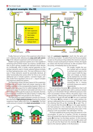 U The Citroën Guide                                          Suspension: Hydropneumatic Suspension                                                   22

 A typical example: the BX
               rear strut & sphere          rear brake                                                        front brake     front strut & sphere


                                                                           brake valve
                                                                                                                   main accumulator &
                                                                                                                   pressure regulator




                                                LHM feed                                        security valve
                                                front suspension                                                            HP pump
                                                rear suspension
                      height                                                                      height
                      corrector                 front brakes                                      corrector
                                                rear brakes
                                                                                                                        reservoir
                                                operational return
                                                leakage return




               rear strut & sphere          rear brake                                                        front brake     front strut & sphere


   Finally, there are no forces in the suspension when the cir-                     task of a pressure regulator—built into the same unit
cuit is depressurised, allowing very easy and safe servic-                          with the accumulator—to admit fluid into the accumulator
ing of the relevant suspension and transmission parts.                              as soon as the pressure drops below the minimum value of
   Modern spring suspension systems are in fact capable of                          145 bar; as soon as the pressure reaches 170 bar, the regula-
achieving some of these results. For instance, variable diam-                       tor closes and the fluid continues its idle circulation from
eter or pitch springs coupled with hydraulic shock absorb-                          the pump, immediately back to the reservoir.
ers (incidentally, with a similar internal geometry as the                                                          On simpler models the out-
damper elements used in Citroën spheres) behave similarly                             OFF                           put marked with an asterisk
to these hydropneumatic units. The main difference is that                                                          is omitted and it goes to the
even if these elements would be practically identical, all                                                          return ouput inside the regu-
other functionality that comes either for free or at a small                                                        lator unit instead, as shown
                                                                                             5
additional cost in Citroën systems—constant height, anti-                                             2             by the dashed line. On mod-
                                                                                     pump       1             feed els fitted with power assisted
dive, brake force regulation and so on—, require complex
and expensive additional systems.                                                                         6         steering (DIRASS) this inter-
                                                                                      flow
   The illustration shows the basic layout of the suspension                          distr*                        connecting line is missing
(differences on models fitted with power steering or ABS                                                       rtrn and both outputs are used in-
                                                                                                 3 4
will be described in the corresponding chapters). Most com-                                                         dependently.
ponents have an output line to collect leakage (which is in-                            The spring below the piston 1 is calibrated so that it will
tentional to keep the elements lubricated) and return it to                         collapse only when pushed down with a pressure exceed-
the reservoir—although the outputs are indicated, the lines                         ing the cut-in threshold (145 bar). While the pressure in the
themselves are omitted for the sake of clarity. In reality, they                    main accumulator remains inferior, the piston stays in the
are grouped together and go back to the reservoir.                                  upper position, allowing the pump to deliver fluid into the
   The high pressure supply subsystem consists of a five-pis-                       accumulator through the ball valve 5: the unit is switched
ton volumetric high pressure pump drawing the mineral                               on. The piston 2 also remains in the upper position (its
suspension liquid called LHM from the reservoir. The fluid                          spring is calibrated to the cut-out pressure, 170 bar), letting
under pressure is stored in the main accumulator. It is the                         the entering fluid fill up the chamber 3 as well. This, in
                                                                                    turn, ensures that the piston 1 stays in the upper position:
 ON                                              TRANSITION                         the fluid pressure in this chamber plus the force of the
                                                                                    spring counters the downward pressing force even if the
                                                                                    pressure in the accumulator rises well above 145 bar.
                                                                                        The fluid supplied by the pump raises the pressure in the
           5                                             5
               1      2                                       1                     accumulator; as soon as it reaches 170 bar, its pressing
 pump
                                  feed
                                                                   2                force will exceed the retaining force of the spring under the
                            6                                          6            piston 2, forcing it to the lower position. In this moment,
  flow
  distr*                             rtrn
                                                                                    the high pressure line coming from the another piston will
               3      4                                       3    4                be cut off and the fluid from the chamber 3 can escape
                                                                                    back to the reservoir (yellow in the illustration).
 