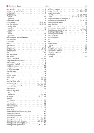 U The Citroën Guide                                       Index:                                                        56
Idle speed . . . . . . . . . . . . . . . . . . . . . . . 6     stiffness regulator . . . . . . . . . . . . . . . . . . 36
idle speed control valve . . . . . . . . . . . . . . . . . 6   suspension ECU. . . . . . . . . . . . . . 24 - 26, 29, 35
ignition coil . . . . . . . . . . . . . . . . . . . . . . 8    suspension mode
ignition delay                                                    hard . . . . . . . . . . . . . . . . . . 25 - 26, 29, 36
  diesel . . . . . . . . . . . . . . . . . . . . . . . . 12       soft . . . . . . . . . . . . . . 25 - 26, 28 - 29, 31, 36
  gasoline . . . . . . . . . . . . . . . . . . . . . . . 8     suspension resonance frequency . . . . . . . . . . . 20
ignition key switch . . . . . . . . . . . . . . . . . . . 6    suspension selector switch . . . . . . . . . . 25, 28 - 29
ignition switch . . . . . . . . . . . . . . . . 26, 28, 31     suspension status light . . . . . . . . . . . . . . . . 28
injection adjuster . . . . . . . . . . . . . . . 10, 12, 16    swirl chamber . . . . . . . . . . . . . . . . . . . . 10
injection delay                                                TDC . . . . . . . . . . . . . . . . . . . . . . . . . . 8
  diesel . . . . . . . . . . . . . . . . . . . . . . . . 12    temperature-timer switch . . . . . . . . . . . . . . . 7
  gasoline . . . . . . . . . . . . . . . . . . . . . . . 7     throttle pedal position sensor . . . . . . . . . 26 - 27, 30
injector                                                       throttle position switch . . . . . . . . . . . . . . . . . 6
  diesel . . . . . . . . . . . . . . . . . . . . . . . . 13    throttle potentiometer . . . . . . . . . . . . . . . . . 6
  gasoline . . . . . . . . . . . . . . . . . . . . . . . 7     timing advance . . . . . . . . . . . . . . . . . . . . 8
injector needle movement sensor . . . . . . . . . . . 16       top dead center . . . . . . . . . . . . . . . . . . . . 8
inlet manifold . . . . . . . . . . . . . . . . . . . . 7 - 8   TP . . . . . . . . . . . . . . . . . . . . . . . . . . . 6
intercooler . . . . . . . . . . . . . . . . . . . . . . 13     TS . . . . . . . . . . . . . . . . . . . . . . . . . . . 6
ISCV . . . . . . . . . . . . . . . . . . . . . . . . . . 6     turbocharger
knock sensor . . . . . . . . . . . . . . . . . . . . . . 9        diesel . . . . . . . . . . . . . . . . . . . . . . . . 13
KS . . . . . . . . . . . . . . . . . . . . . . . . . . . 9     VAN . . . . . . . . . . . . . . . . . . . . . . . . . 47
lambda ratio . . . . . . . . . . . . . . . . . . . 5, 9, 16    variable turbo pressure . . . . . . . . . . . . . . . . 16
lambda sensor . . . . . . . . . . . . . . . . . . . . . 9      Vehicle Area Network . . . . . . . . . . . . . . . . . 47
LDS . . . . . . . . . . . . . . . . . . . . . . . . . . 35     vehicle speed sensor. . . . . . . . . . . . . . . . 26, 30
lead in gasoline. . . . . . . . . . . . . . . . . . . . . 9    wastegate
leak returns . . . . . . . . . . . . . . . . . . . . . . 22       diesel . . . . . . . . . . . . . . . . . . . . . . . . 13
main accumulator. . . . . . . . . . . . . . . . . 22, 38
manifold absolute pressure . . . . . . . . . . . . . . . 5
MAP sensor . . . . . . . . . . . . . . . . . . . . . . 5
monopoint EFI/EMS . . . . . . . . . . . . . . . . . . 7
multiplex message . . . . . . . . . . . . . . . . . . 48
multiplex wiring . . . . . . . . . . . . . . . . . . . 47
multipoint EFI/EMS. . . . . . . . . . . . . . . . . . . 7
ORGA number . . . . . . . . . . . . . . . . . . . . 53
OS . . . . . . . . . . . . . . . . . . . . . . . . . . . 9
oxygen sensor . . . . . . . . . . . . . . . . . . . . . 9
particulates . . . . . . . . . . . . . . . . . . . . 12, 16
PAS . . . . . . . . . . . . . . . . . . . . . . . . 22, 38
piston and ball valve . . . . . . . . . . . . . . . . . 25
post-glowing . . . . . . . . . . . . . . . . . . . . . 14
power assisted steering . . . . . . . . . . . . 22, 38 - 39
power steering . . . . . . . . . . . . . . . . . . 22, 40
prechamber . . . . . . . . . . . . . . . . . . . . . 10
pressure regulator
  EFI . . . . . . . . . . . . . . . . . . . . . . . . . . 7
  hydraulics. . . . . . . . . . . . . . . . . . . . 22, 38
regulator . . . . . . . . . . . . . . . . . . . 10 - 11, 15
reservoir
  hydraulics . . . . . . . . . . . . . . . . . . . . . 22
RP number . . . . . . . . . . . . . . . . . . . . . . 53
security valve . . . . . . . . . . . . . . . . . . . . . 23
self-diagnostics . . . . . . . . . . . . . . . . . . . . 16
smoke limit . . . . . . . . . . . . . . . . . . . . 12, 16
spark plug . . . . . . . . . . . . . . . . . . . . . . . 8
steering centering pressure regulator . . . . . . . . . 41
steering control unit . . . . . . . . . . . . . . . . . 41
steering control valve . . . . . . . . . . . . . . . . . 38
steering rack . . . . . . . . . . . . . . . . . . . . . 41
steering ram cylinder . . . . . . . . . . . . . . . 38, 41
steering wheel angle sensor . . . . . . . . . . 26 - 27, 30
steering wheel centering device . . . . . . . . . . . . 41
steering wheel speed sensor. . . . . . . . . . 26 - 27, 30
 