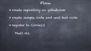 Flow
That’s ALL
create repository on github.com
create sample code and unit test code
register to CircleCI
 