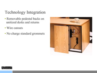 Removable pedestal backs on    unitized desks and returns Wire cutouts No charge standard grommets Technology Integration 