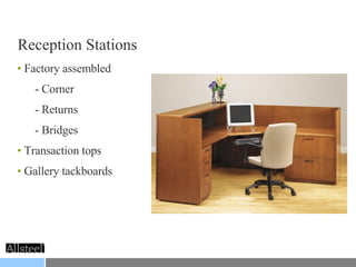 Factory assembled - Corner - Returns - Bridges Transaction tops Gallery tackboards Reception Stations 