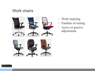Work chairs Work targeting Families of seating Active or passive adjustments 