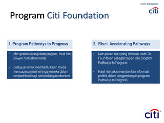 Program Citi Foundation
1. Program Pathways to Progress 2. Riset Accelerating Pathways
• Merupakan serangkaian program, riset dan
proyek multi-stakeholder
• Bertujuan untuk membantu kaum muda
mencapai potensi tertinggi mereka dalam
berkontribusi bagi perkembangan ekonomi
• Merupakan riset yang diinisiasi oleh Citi
Foundation sebagai bagian dari program
Pathways to Progress
• Hasil riset akan memberikan informasi
praktis dalam pengembangan program
Pathways to Progress
 