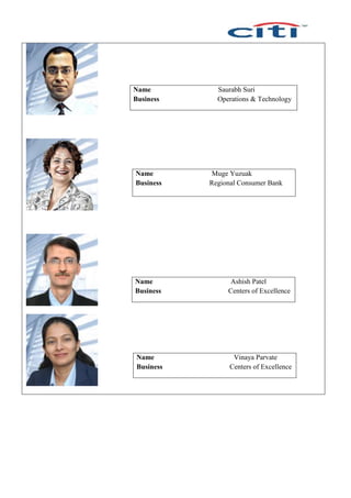 Name Saurabh Suri
Business Operations & Technology
Name Muge Yuzuak
Business Regional Consumer Bank
Name Ashish Patel
Business Centers of Excellence
Name Vinaya Parvate
Business Centers of Excellence
 