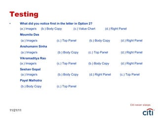 Testing What did you notice first in the letter in Option 2? (a.) Image/s (b.) Body Copy  (c.) Value Chart  (d.) Right Panel Moumita Das   (a.) Image/s (c.) Top Panel  (b.) Body Copy  (d.) Right Panel Anshumann Sinha   (a.) Image/s  (b.) Body Copy (c.) Top Panel  (d.) Right Panel Vikramaditya Rao (a.) Image/s (c.) Top Panel (b.) Body Copy  (d.) Right Panel Seshan Gopal  (a.) Image/s  (b.) Body Copy  (d.) Right Panel (c.) Top Panel Payel Malhotra   (b.) Body Copy (c.) Top Panel 11/21/11 