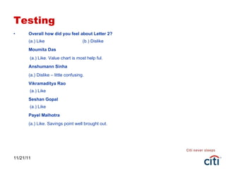 Testing Overall how did you feel about Letter 2? (a.) Like  (b.) Dislike Moumita Das   (a.) Like. Value chart is most help ful. Anshumann Sinha (a.) Dislike – little confusing. Vikramaditya Rao  (a.) Like  Seshan Gopal  (a.) Like  Payel Malhotra (a.) Like. Savings point well brought out. 11/21/11 