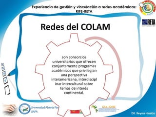 Redes del COLAM

         son consorcios
   universitarios que ofrecen
   conjuntamente programas
  académicos que privilegian
         una perspectiva
  interamericana, interdiscipl
     inar intercultural sobre
        temas de interés
           continental.
 