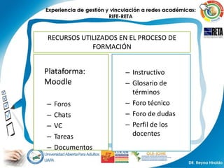 RECURSOS UTILIZADOS EN EL PROCESO DE
            FORMACIÓN


Plataforma:          – Instructivo
Moodle               – Glosario de
                       términos
–   Foros            – Foro técnico
–   Chats            – Foro de dudas
–   VC               – Perfil de los
–   Tareas             docentes
–   Documentos
 