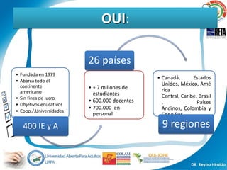 OUI:

                         26 países
• Fundada en 1979
                                              • Canadá,       Estados
• Abarca todo el
  continente                                    Unidos, México, Amé
                         • + 7 millones de      rica
  americano                estudiantes
• Sin fines de lucro                            Central, Caribe, Brasil
                         • 600.000 docentes     ,               Países
• Objetivos educativos
                         • 700.000 en           Andinos, Colombia y
• Coop./.Universidades
                           personal             Cono Sur.

   400 IE y A                                   9 regiones
 
