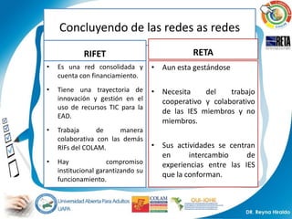 Concluyendo de las redes as redes
            RIFET                              RETA
•   Es una red consolidada y        • Aun esta gestándose
    cuenta con financiamiento.
•   Tiene una trayectoria de        • Necesita    del    trabajo
    innovación y gestión en el        cooperativo y colaborativo
    uso de recursos TIC para la
                                      de las IES miembros y no
    EAD.
                                      miembros.
•   Trabaja      de     manera
    colaborativa con las demás
    RIFs del COLAM.                 • Sus actividades se centran
                                      en      intercambio     de
•   Hay              compromiso       experiencias entre las IES
    institucional garantizando su
                                      que la conforman.
    funcionamiento.
 