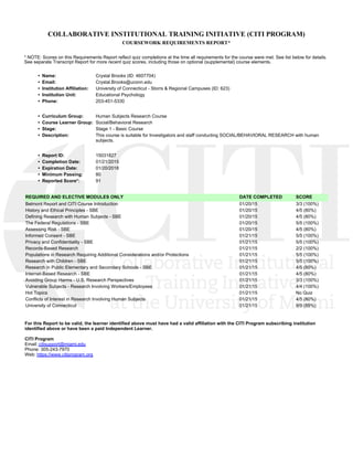 COLLABORATIVE INSTITUTIONAL TRAINING INITIATIVE (CITI PROGRAM)
COURSEWORK REQUIREMENTS REPORT*
* NOTE: Scores on this Requirements Report reflect quiz completions at the time all requirements for the course were met. See list below for details.
See separate Transcript Report for more recent quiz scores, including those on optional (supplemental) course elements.
•  Name: Crystal Brooks (ID: 4607704)
•  Email: Crystal.Brooks@uconn.edu
•  Institution Affiliation: University of Connecticut - Storrs & Regional Campuses (ID: 623)
•  Institution Unit: Educational Psychology
•  Phone: 203-451-5330
•  Curriculum Group: Human Subjects Research Course
•  Course Learner Group: Social/Behavioral Research
•  Stage: Stage 1 - Basic Course
•  Description: This course is suitable for Investigators and staff conducting SOCIAL/BEHAVIORAL RESEARCH with human
subjects.
•  Report ID: 15031827
•  Completion Date: 01/21/2015
•  Expiration Date: 01/20/2018
•  Minimum Passing: 80
•  Reported Score*: 91
REQUIRED AND ELECTIVE MODULES ONLY DATE COMPLETED SCORE
Belmont Report and CITI Course Introduction 01/20/15 3/3 (100%) 
History and Ethical Principles - SBE 01/20/15 4/5 (80%) 
Defining Research with Human Subjects - SBE 01/20/15 4/5 (80%) 
The Federal Regulations - SBE 01/20/15 5/5 (100%) 
Assessing Risk - SBE 01/20/15 4/5 (80%) 
Informed Consent - SBE 01/21/15 5/5 (100%) 
Privacy and Confidentiality - SBE 01/21/15 5/5 (100%) 
Records-Based Research 01/21/15 2/2 (100%) 
Populations in Research Requiring Additional Considerations and/or Protections 01/21/15 5/5 (100%) 
Research with Children - SBE 01/21/15 5/5 (100%) 
Research in Public Elementary and Secondary Schools - SBE 01/21/15 4/5 (80%) 
Internet-Based Research - SBE 01/21/15 4/5 (80%) 
Avoiding Group Harms - U.S. Research Perspectives 01/21/15 3/3 (100%) 
Vulnerable Subjects - Research Involving Workers/Employees 01/21/15 4/4 (100%) 
Hot Topics 01/21/15 No Quiz 
Conflicts of Interest in Research Involving Human Subjects 01/21/15 4/5 (80%) 
University of Connecticut 01/21/15 8/9 (89%) 
For this Report to be valid, the learner identified above must have had a valid affiliation with the CITI Program subscribing institution
identified above or have been a paid Independent Learner. 
CITI Program
Email: citisupport@miami.edu
Phone: 305-243-7970
Web: https://www.citiprogram.org
 