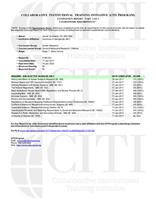 COLLABORATIVE INSTITUTIONAL TRAINING INITIATIVE (CITI PROGRAM)
COMPLETION REPORT - PART 1 OF 2
COURSEWORK REQUIREMENTS*
* NOTE: Scores on this Requirements Report reflect quiz completions at the time all requirements for the course w eremet. See list below for details.
See separate Transcript Report for more recent quiz scores, including those on optional (supplemental) course elements.
• Name: Jazmin Summerlin (ID: 6061498)
• Institution Affiliation: University of Georgia (ID: 691)
• Curriculum Group: Human Research
• Course Learner Group: Social & Behavioral Research - Children
• Stage: Stage 1 - Basic Course
• Report ID: 21961291
• Completion Date: 17-Jan-2017
• Expiration Date: 16-Jan-2022
• Minimum Passing: 80
• Reported Score*: 90
REQUIRED AND ELECTIVE MODULES ONLY DATE COMPLETED SCORE
History and Ethics of Human Subjects Research (ID: 498) Jan-201716- /7 (100%)7
Belmont Report and CITI Course Introduction (ID: 1127) 17-Jan-2017 3/3 (100%)
Defining Research w ith Human Subjects - SBE (ID: 491) -201717-Jan /5 (80%)4
The Federal Regulations - SBE (ID: 502) 17-Jan-2017 /5 (80%)4
Basic Institutional Review Board (IRB) Regulations and Review Process (ID: 2) 17-Jan-2017 /5 (100%)5
Assessing Risk - SBE (ID: 503) 17-Jan-2017 4/5 (80%)
Informed Consent - SBE (ID: 504) -2017Jan17- 5/5 (100%)
Privacy and Confidentiality - SBE (ID: 505) Jan-201717- 5/5 (100%)
Populations in Research Requiring Additional Considerations and/or Protections (ID: 16680) Jan17- -2017 4/5 (80%)
Conflicts of Interest in Research Involving Human Subjects (ID: 488) -2017Jan17- 4/5 (80%)
Vulnerable Subjects - Research Involving Children (ID: 9) -2017Jan17- /3 (100%)3
Unanticipated Problems and Reporting Requirements in Social and BehavioralResearch (ID: 14928) -2017Jan17- 5/5 (100%)
Research in Public Elementary and Secondary Schools - SBE (ID: 508) -2017Jan17- 4/5 (80%)
University of Georgia (ID: 1038) Jan17- -2017 No Quiz
For this Reportto be valid, the learner identifiedabove musthave had a valid affiliationwiththe CITI Program subscribing institution
identifiedabove or have beena paid IndependentLearner.
Verify at: www.citiprogram.org/verify/?k777d8cbb-bfa1-4fdd-871e-8b8959ab0287-21961291
CITI Program
Email: support@citiprogram.org
Phone: 888-529-5929
Web: https://www.citiprogram.org
 
