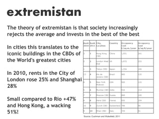 extremistan
The theory of extremistan is that society increasingly
rejects the average and invests in the best of the best

In cities this translates to the
iconic buildings in the CBDs of
the World's greatest cities

In 2010, rents in the City of
London rose 25% and Shanghai
28%

Small compared to Rio +47%
and Hong Kong, a wacking
51%!
                                   Source: Cushman and Wakefield, 2011
 