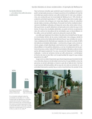 la ciudad vital, segura, sana y sostenible 83
bordes blandos en áreas residenciales: el ejemplo de Melbourne
En un estudio realizado sobre las
actividades al aire libre en 17 calles
residenciales de Melbourne,Australia,
quedó demostrado el impacto que
tiene la existencia de un borde blando.
De toda la actividad registrada,el 69%
se desarrolló sobre o cerca de un jardín
delantero semiprivado.El 31% restante
se llevó a cabo en las calles.16
Actividades desarrolladas
sobre y delante de los
jardines residenciales
69%
31%
Actividades
desarrolladas en la
calle o en la vereda
Hay numerosos estudios que sostienen que la existencia de un espacio o
jardín semiprivado provoca un impacto positivo en la vitalidad y el nivel de
actividad que pueda ostentar una calle residencial. En este caso, señalare-
mos uno conducido por la Universidad de Melbourne en 1976, donde se
analizó la actividad registrada en 17 calles residenciales de la ciudad, algu-
nas en sectores más antiguos con casas tipo dúplex, y otras en suburbios
donde había viviendas unifamiliares. El estudio fue hecho mediante obser-
vaciones detalladas realizadas a lo largo de varios días, tanto sobre inmue-
bles que tenían un jardín delantero semiprivado como sobre los que no lo
tenían. En base a los resultados obtenidos, se pudo construir un panorama
claro de cuál era la naturaleza de las actividades que se desarrollaban en
las calles, como así también cuál era la ubicación exacta de ellas.
Las calles que registraron los índices más altos de actividad fueron las que
se encontraban dentro de las zonas residenciales más antiguas, donde la
tipología constructiva había sido la del townhouse,* que contaba con una te-
rraza cuidadosamente diseñada que separaba a la casa de la vereda. El 68%
de todas las actividades detectadas —caminar de un lugar a otro, conversa-
ciones, juegos, simple deambular o permanecer en un lugar especíﬁco— se
desarrollaban en los jardines delanteros, o en las inmediaciones de los por-
tones de acceso a estos. Solo el 31% de la actividad se llevaba a cabo en otras
partes del espacio peatonal. A su vez, una porción importante de las tareas
realizadas —como ser sentarse a tomar un café y descansar— combinaban
el hecho de estar al aire libre con la oportunidad de seguir lo que estaba
pasando en la calle.15
Surge como un dato importante que el prerrequisito para la existencia de
una vital vida urbana es la densidad constructiva. Es que debido a esto, las
personas se sienten alentadas a moverse a pie de un lado al otro. Caminar
o permanecer del lado público de la casa de uno solo se convierte en una
actividad interesante cuando hay un cierto movimiento en la vereda. En las
los bordes blandos
— y la vida en las calles de zonas
residenciales
 