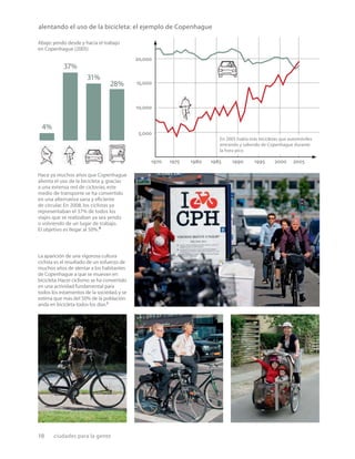 10 ciudades para la gente
alentando el uso de la bicicleta: el ejemplo de Copenhague
Abajo:yendo desde y hacia el trabajo
en Copenhague (2005)
5,000
10,000
15,000
20,000
1970 1975 1980 1985 1990 1995 2000 2005
La aparición de una vigorosa cultura
ciclista es el resultado de un esfuerzo de
muchos años de alentar a los habitantes
de Copenhague a que se muevan en
bicicleta.Hacer ciclismo se ha convertido
en una actividad fundamental para
todos los estamentos de la sociedad,y se
estima que más del 50% de la población
anda en bicicleta todos los días.7
Hace ya muchos años que Copenhague
alienta el uso de la bicicleta y, gracias
a una extensa red de ciclovías, este
medio de transporte se ha convertido
en una alternativa sana y eﬁciente
de circular. En 2008, los ciclistas ya
representaban el 37% de todos los
viajes que se realizaban ya sea yendo
o volviendo de un lugar de trabajo.
El objetivo es llegar al 50%.6
En 2005 había más bicicletas que automóviles
entrando y saliendo de Copenhague durante
la hora pico
28%
31%
4%
37%
 