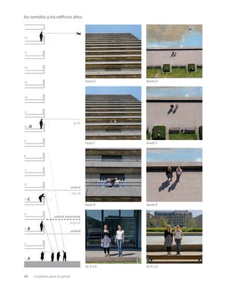 40 ciudades para la gente
hasta D desde D
de A a A de A a A
hasta B desde B
hasta C desde C
umbral
umbral
B
C
D
A
13.5 m
31 m
6.50 m
16
15
14
2
6
11
1
5
10
3
7
12
4
9
8
13
los sentidos y los edificios altos
umbral importante
 