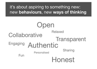 it’s about aspiring to something new: "
new behaviours, new ways of thinking!


               Open!
                             Relaxed!
Collaborative!
                               Transparent!
Engaging!
            Authentic!
                                   Sharing!
             Personalised!
     Fun!
                             Honest!
 