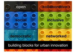 open!           collaborative!


    social!            inclusive!



democratic!            networked!

building blocks for urban innovation!
 