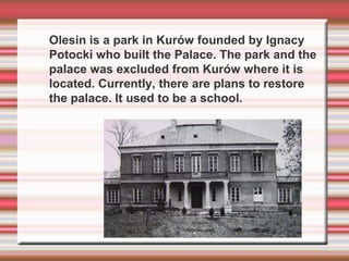    Olesin is a park in Kurów founded by Ignacy
    Potocki who built the Palace. The park and the
    palace was excluded from Kurów where it is
    located. Currently, there are plans to restore
    the palace. It used to be a school.
 