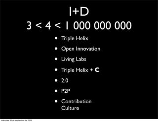 I+D
                           3 < 4 < 1 000 000 000
                                     •   Triple Helix

                                     •   Open Innovation

                                     •   Living Labs

                                     •   Triple Helix + C

                                     •   2.0

                                     •   P2P

                                     •   Contribution
                                         Culture
miércoles 30 de septiembre de 2009
 