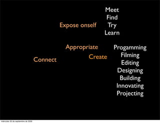 Meet
                                                                Find
                                               Expose onself    Try
                                                               Learn

                                                 Appropriate      Progamming
                                                        Create       Filming
                                     Connect                         Editing
                                                                   Designing
                                                                    Building
                                                                   Innovating
                                                                   Projecting



miércoles 30 de septiembre de 2009
 