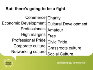 But, there’s going to be a fight Commerce Economic Development Professionals High margins Professional Pride Corporate culture Networking culture Charity Cultural Development Amateur Free Civic Pride Grassroots culture Social Culture 