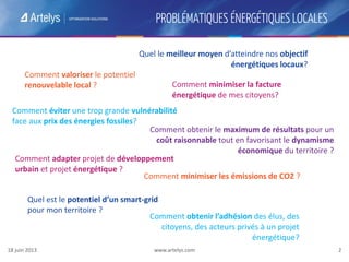 18 juin 2013 www.artelys.com 2
PROBLÉMATIQUES ÉNERGÉTIQUES LOCALES
Comment obtenir le maximum de résultats pour un
coût raisonnable tout en favorisant le dynamisme
économique du territoire ?
Comment minimiser la facture
énergétique de mes citoyens?
Comment minimiser les émissions de CO2 ?
Comment éviter une trop grande vulnérabilité
face aux prix des énergies fossiles?
Comment valoriser le potentiel
renouvelable local ?
Quel est le potentiel d’un smart-grid
pour mon territoire ?
Comment obtenir l’adhésion des élus, des
citoyens, des acteurs privés à un projet
énergétique?
Quel le meilleur moyen d’atteindre nos objectif
énergétiques locaux?
Comment adapter projet de développement
urbain et projet énergétique ?
 