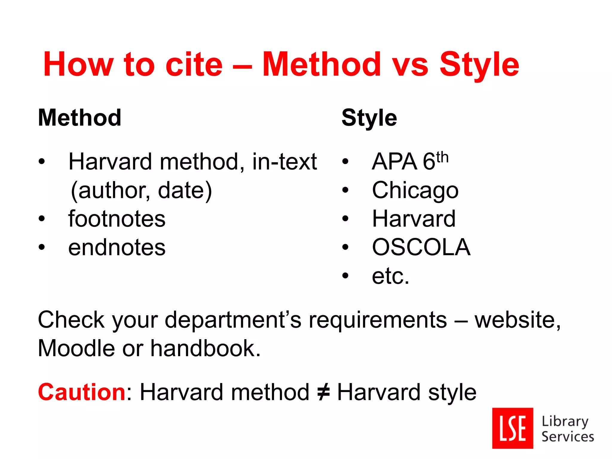 How to cite – Method vs Style
Method
• Harvard method, in-text
(author, date)
• footnotes
• endnotes
Check your department’s requirements – website,
Moodle or handbook.
Caution: Harvard method ≠ Harvard style
Style
• APA 6th
• Chicago
• Harvard
• OSCOLA
• etc.
 