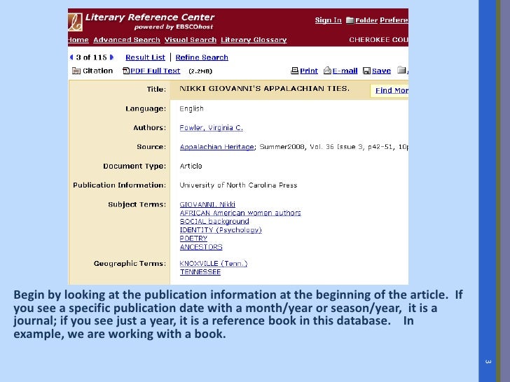 Citing A Journal Article From EBSCOhost Literary Reference Center