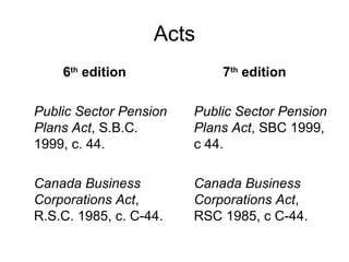 Acts 6 th  edition Public Sector Pension Plans Act , S.B.C. 1999, c. 44.  Canada Business Corporations Act , R.S.C. 1985, c. C-44.  7 th  edition Public Sector Pension Plans Act , SBC 1999, c 44. Canada Business Corporations Act , RSC 1985, c C-44.  
