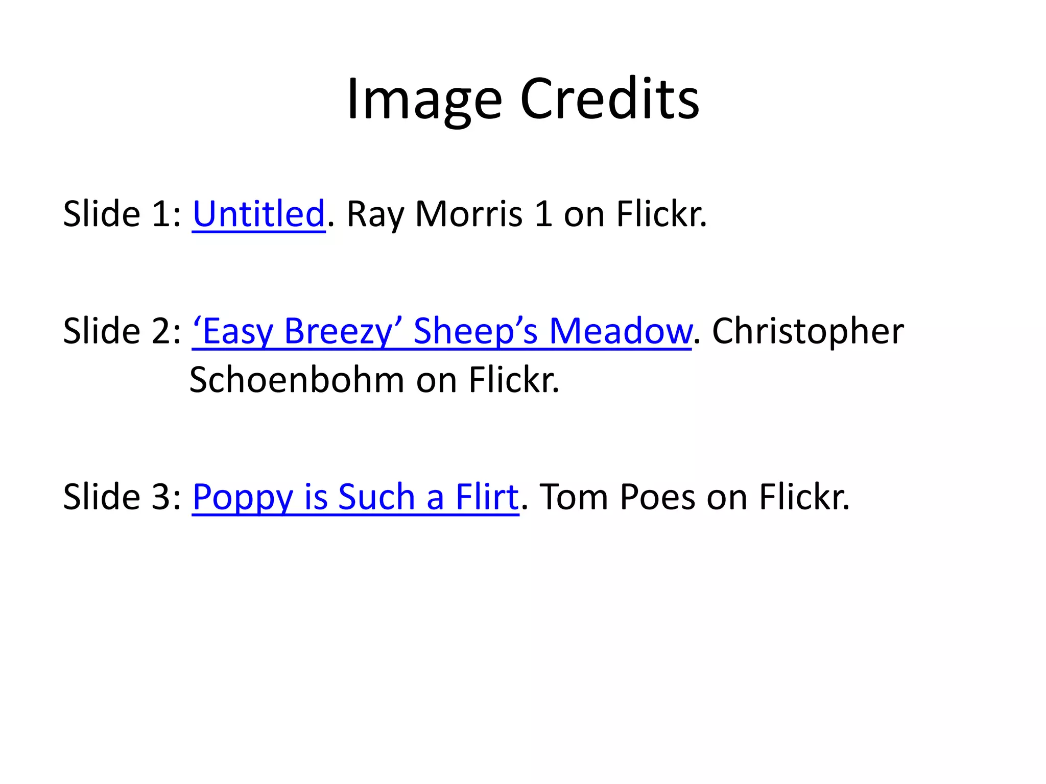 Image CreditsSlide 1: Untitled. Ray Morris 1 on Flickr.Slide 2: ‘Easy Breezy’ Sheep’s Meadow. Christopher Schoenbohm on Flickr.Slide 3: Poppy is Such a Flirt. Tom Poeson Flickr.