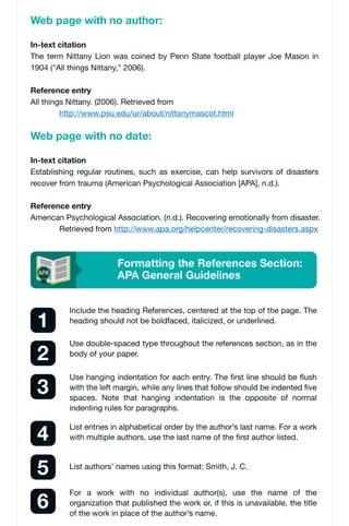 Formatting the References Section:
APA General Guidelines
APA
In-text citation
The term Nittany Lion was coined by Penn State football player Joe Mason in
1904 ("All things Nittany," 2006).
Reference entry
All things Nittany. (2006). Retrieved from
http://www.psu.edu/ur/about/nittanymascot.html
Web page with no author:
In-text citation
Establishing regular routines, such as exercise, can help survivors of disasters
recover from trauma (American Psychological Association [APA], n.d.).
Reference entry
American Psychological Association. (n.d.). Recovering emotionally from disaster.
Retrieved from http://www.apa.org/helpcenter/recovering-disasters.aspx
Web page with no date:
Include the heading References, centered at the top of the page. The
heading should not be boldfaced, italicized, or underlined.
Use double-spaced type throughout the references section, as in the
body of your paper.
1
2
Use hanging indentation for each entry. The first line should be flush
with the left margin, while any lines that follow should be indented five
spaces. Note that hanging indentation is the opposite of normal
indenting rules for paragraphs.
3
List entries in alphabetical order by the author’s last name. For a work
with multiple authors, use the last name of the first author listed.
For a work with no individual author(s), use the name of the
organization that published the work or, if this is unavailable, the title
of the work in place of the author’s name.
4
List authors’ names using this format: Smith, J. C.
5
6
 