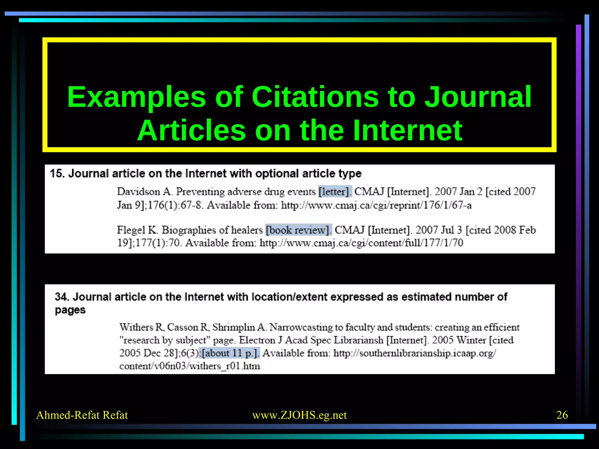 Examples of Citations to Journal Articles on the Internet 