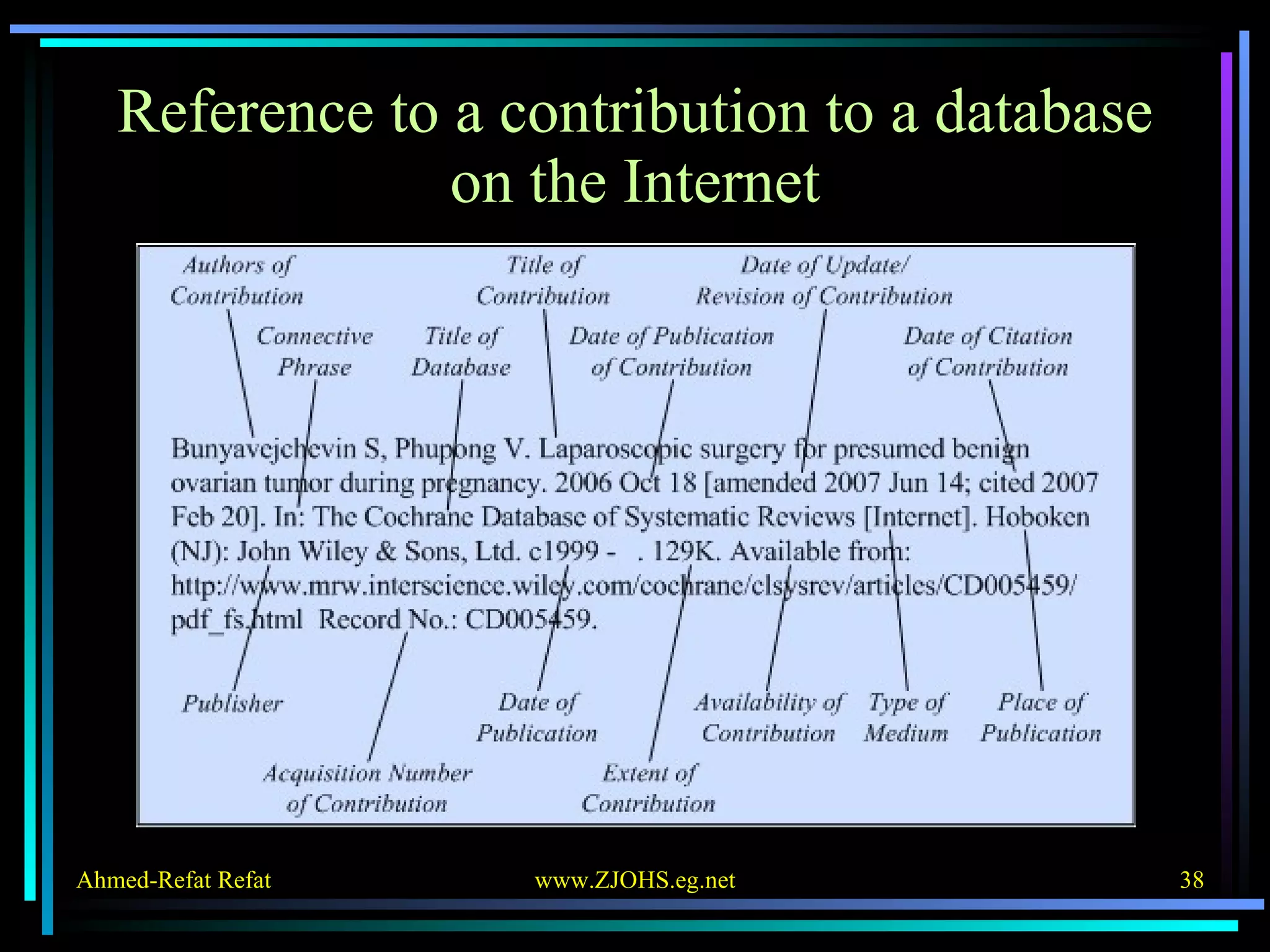 Reference to a contribution to a database on the Internet 