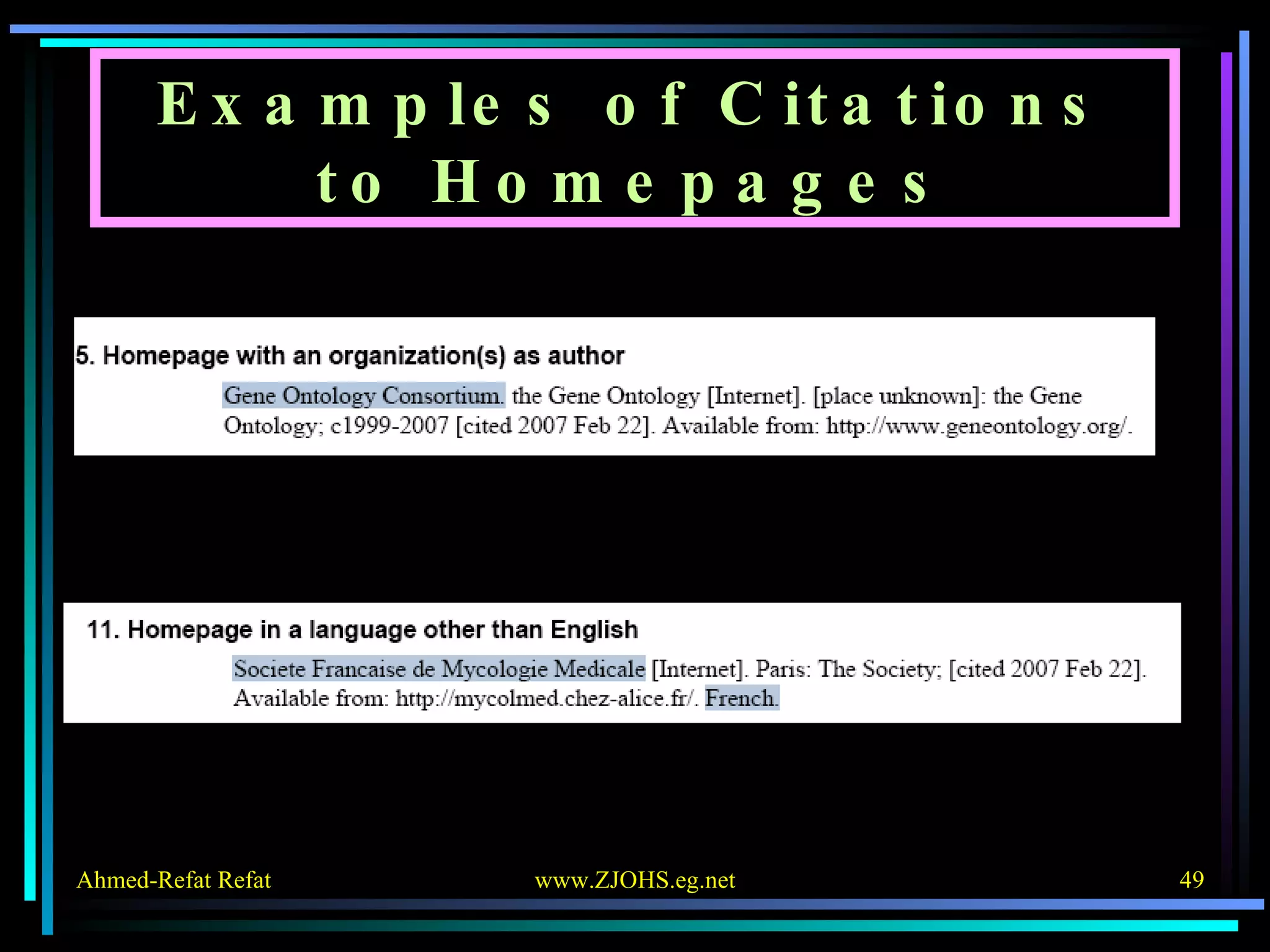 Examples of Citations to Homepages 